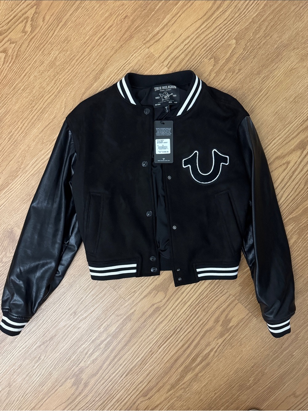 True Religion Black Varsity Jacket with Leather Sleeves